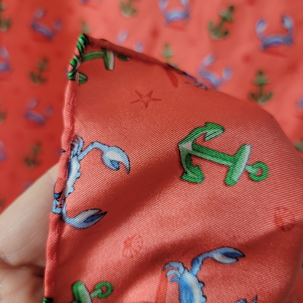 Vintage 90s Silk Twill Nautical Scarf Coral Pink Crab Anchor Novelty Print - Picture 5 of 8